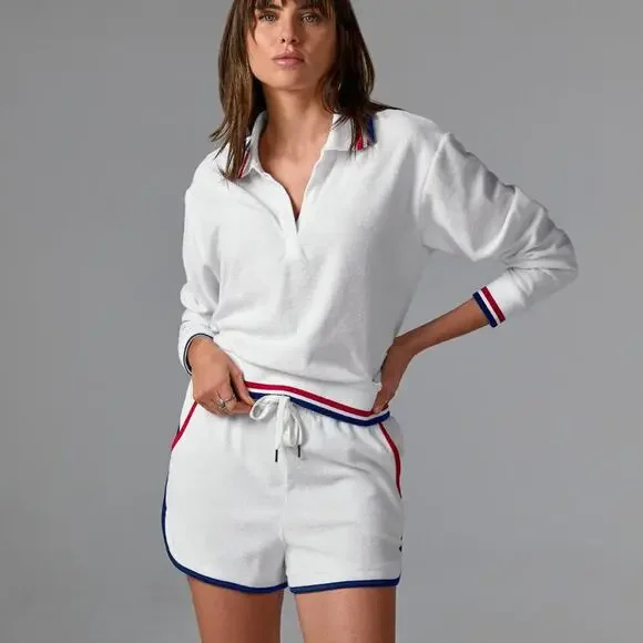 NEW Boston Proper White Terry Striped Border Sport Set, Shorts and Top, Size XL - Picture 1 of 4